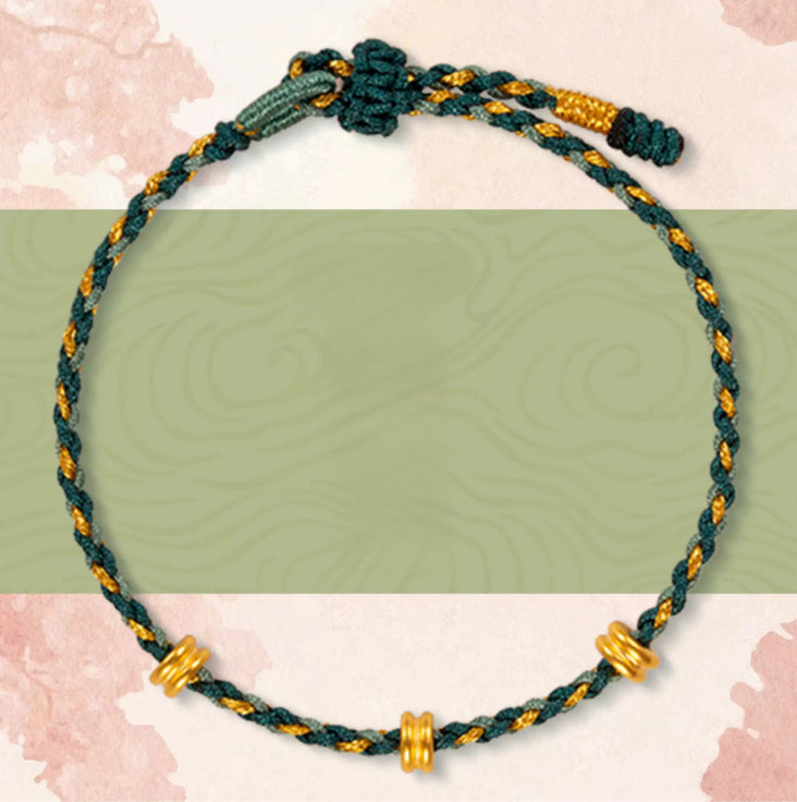 24k Pure 999 Gold Lucky Beads with Braided Rope Bracelet