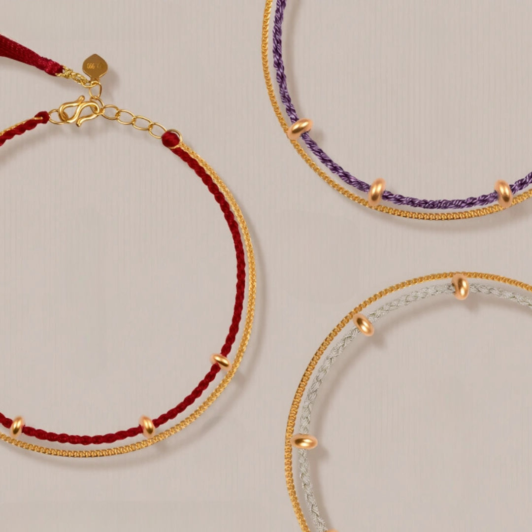 24k Pure 999 Gold Braided red Rope Gold Chain Double Dual Layer Bracelet