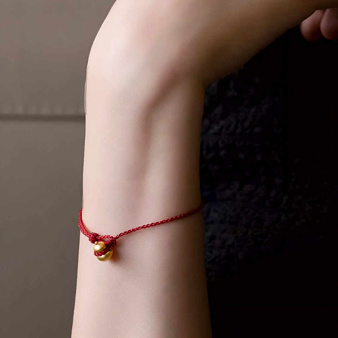 24k Pure 999 Gold Lucky Gourd and Beads with Red Rope Bracelet