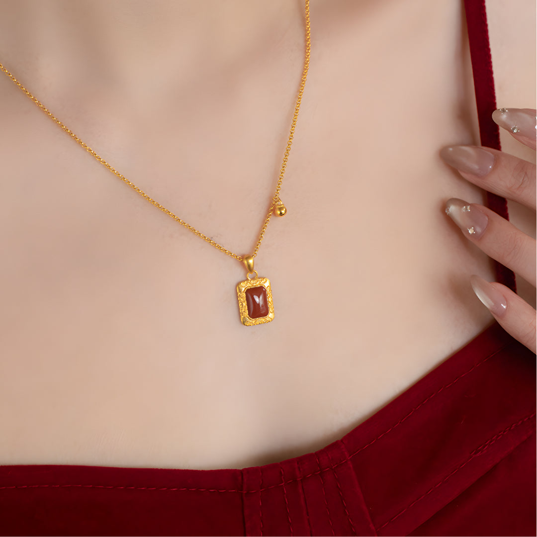 24K Bring Luck Red Agate Rectangle Pendant