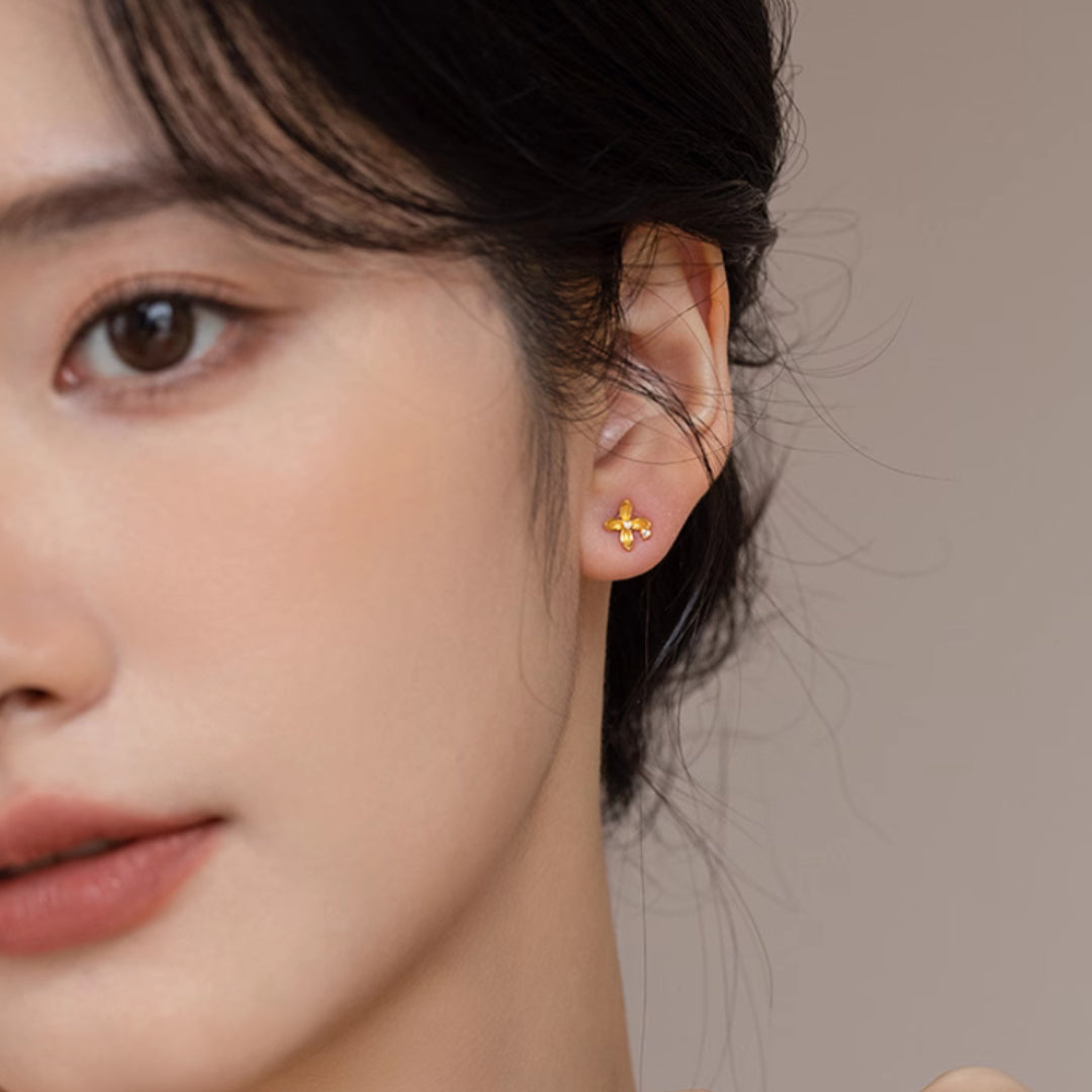 24K Real Gold Solid Osmanthus Flower Stud Earrings