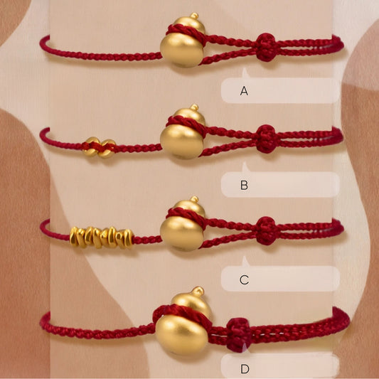 24k Pure 999 Gold Lucky Gourd and Beads with Red Rope Bracelet