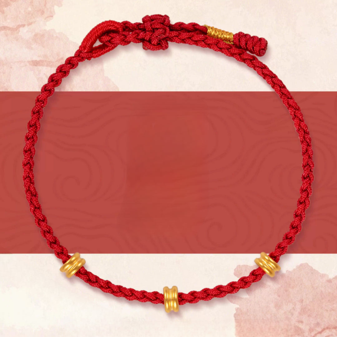 24k Pure 999 Gold Lucky Beads with Braided Rope Bracelet