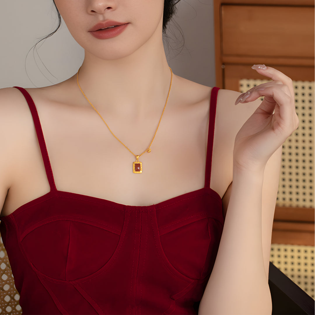 24K Bring Luck Red Agate Rectangle Pendant