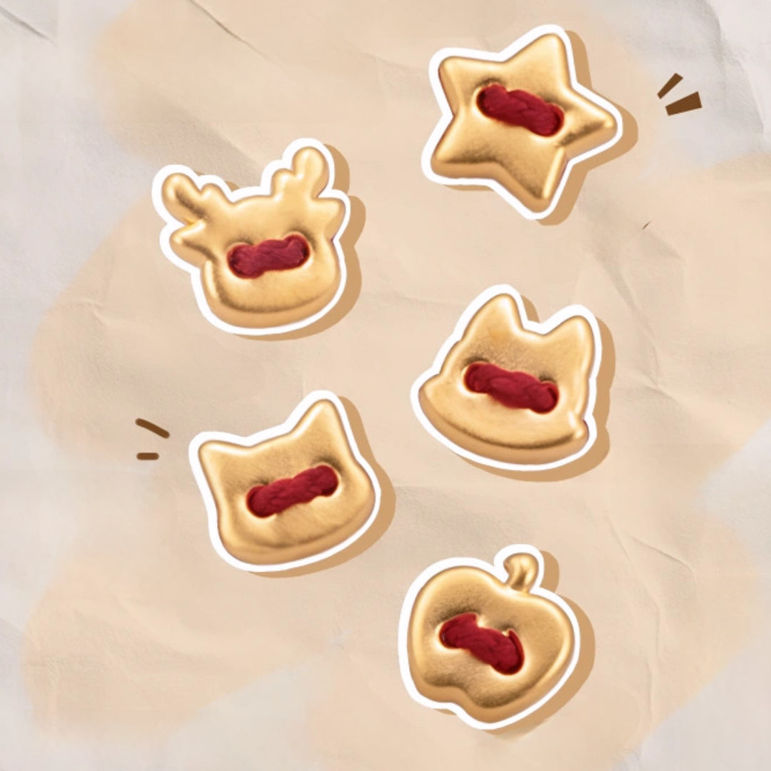 24k Pure 999 Gold Star Cat Dog Deer Apple Charm with Red Rope Bracelet