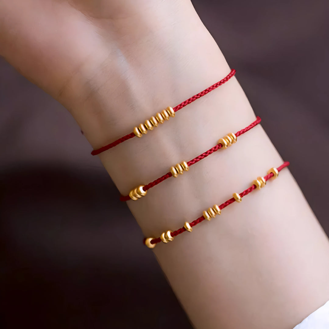 24k Pure 999 Gold Lucky Beads with Red Rope Bracelet