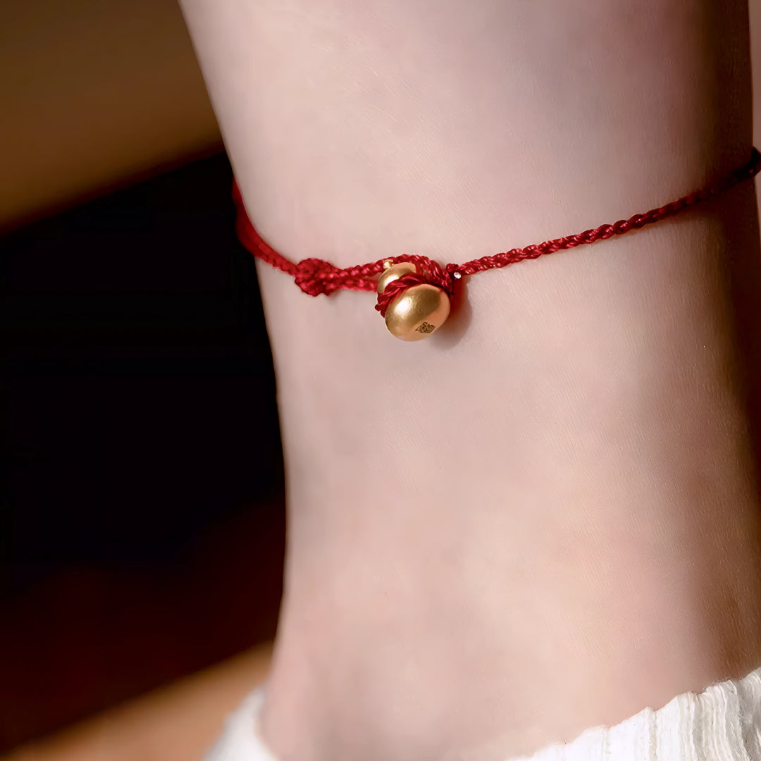 24k Pure 999 Gold Lucky Gourd and Beads with Red Rope Bracelet