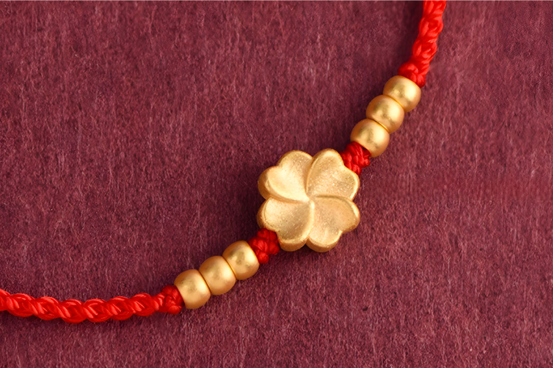 24k Solid 999 Gold Lucky Clover Charm Pendant with Red Rope Bracelet for Men and Women Blessing Braided Bracelet