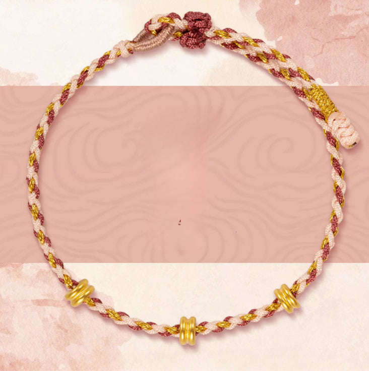 24k Pure 999 Gold Lucky Beads with Braided Rope Bracelet