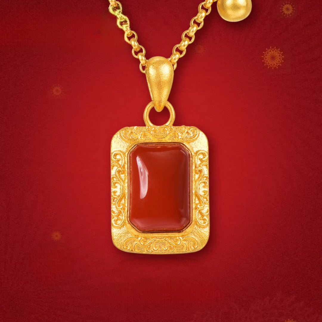 24K Bring Luck Red Agate Rectangle Pendant