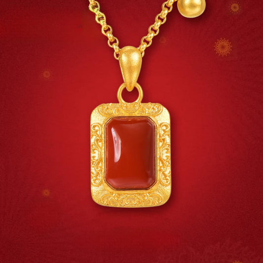 24K Bring Luck Red Agate Rectangle Pendant