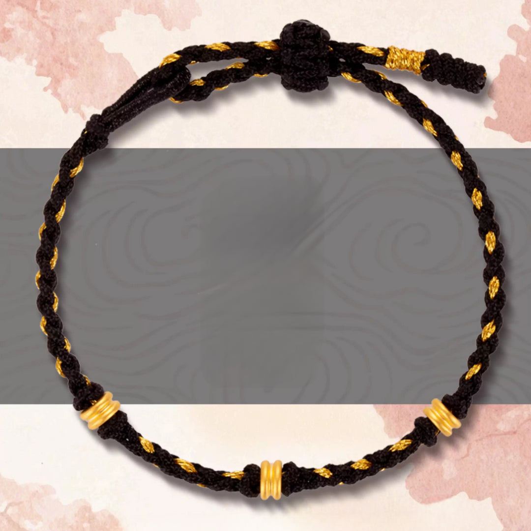 24k Pure 999 Gold Lucky Beads with Braided Rope Bracelet