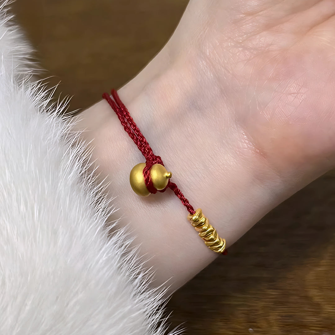 24k Pure 999 Gold Lucky Gourd and Beads with Red Rope Bracelet