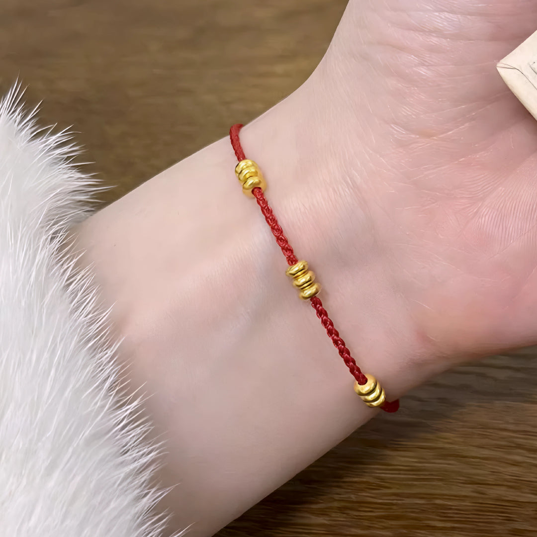 24k Pure 999 Gold Lucky Beads with Red Rope Bracelet