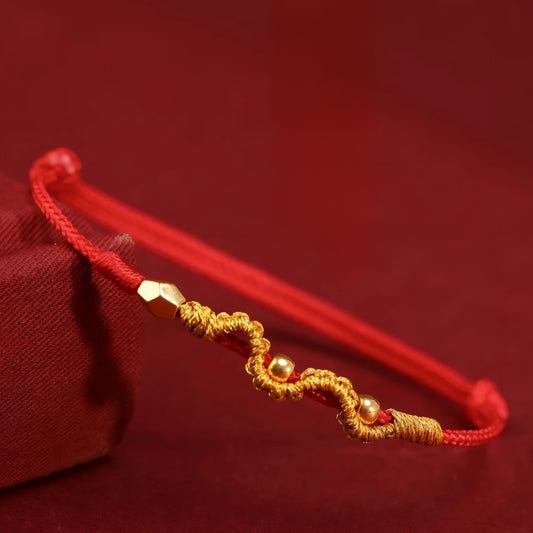 24k Solid 999 Gold Snake with Beads Pendant for Good Luck with Red String Braided Rope Bracelet and Anklet