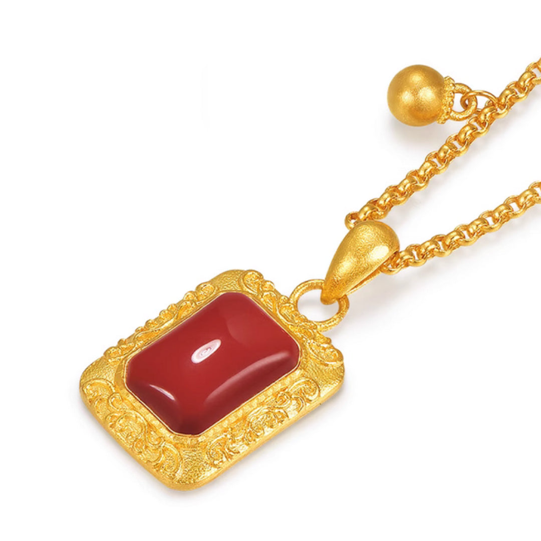 24K Bring Luck Red Agate Rectangle Pendant