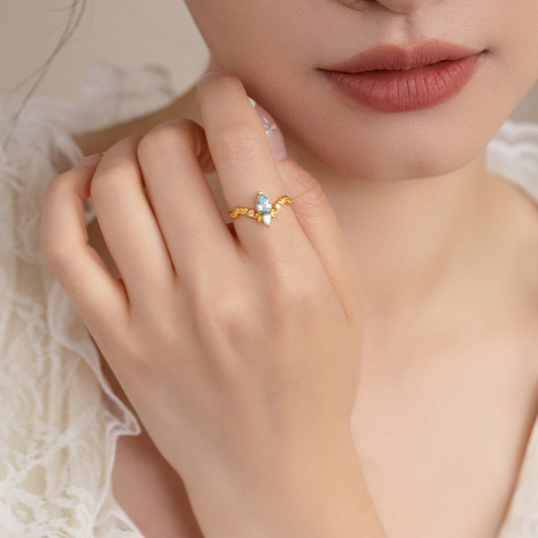 24K Real Gold Blue Water Drop Topaz Moissanite Rococo Style Proposal Ring - Gypsophila Co.