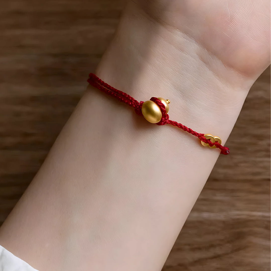 24k Pure 999 Gold Lucky Gourd and Beads with Red Rope Bracelet