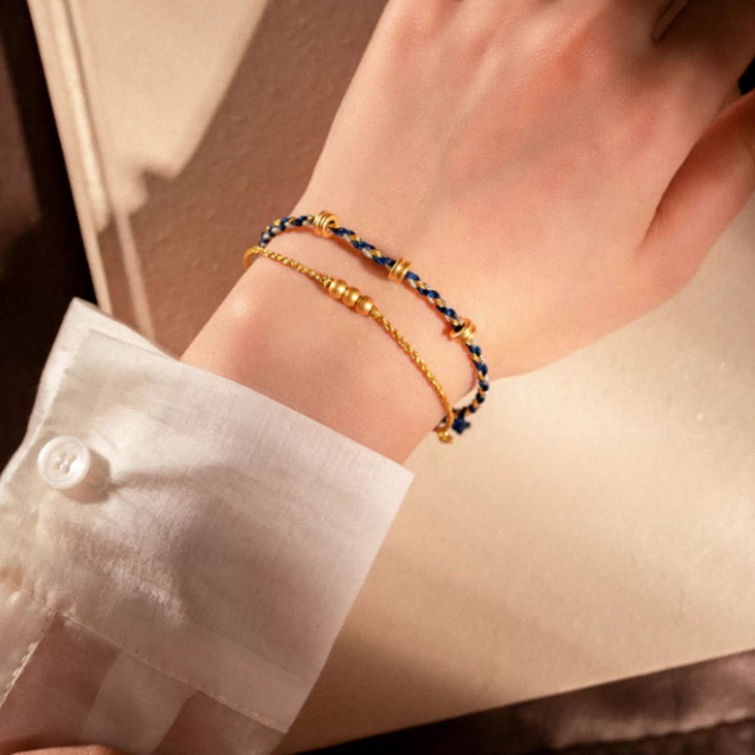 24k Pure 999 Gold Lucky Beads with Braided Rope Bracelet