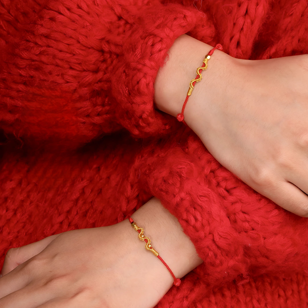 24k Solid 999 Gold Snake with Beads Pendant for Good Luck with Red String Braided Rope Bracelet and Anklet