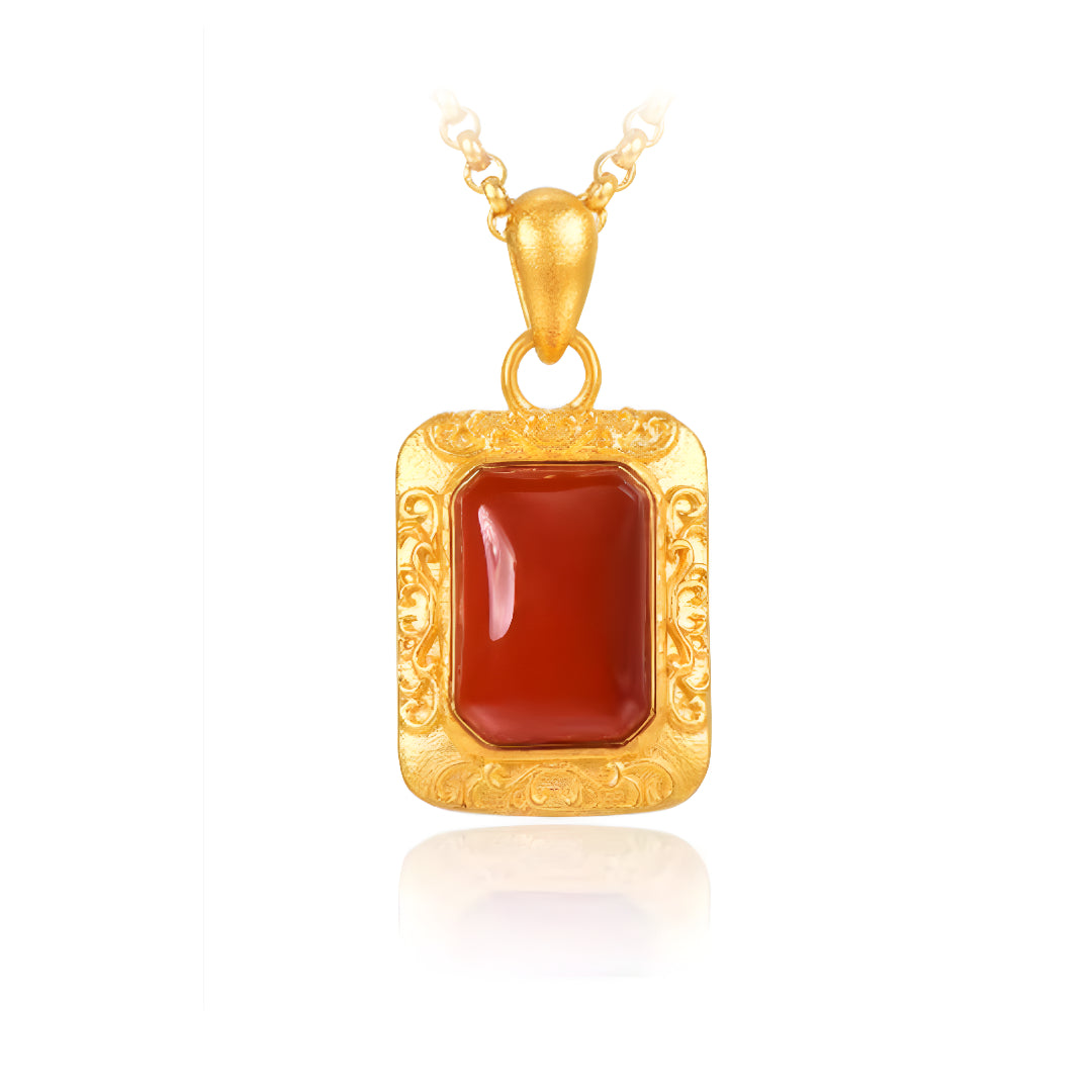 24K Bring Luck Red Agate Rectangle Pendant