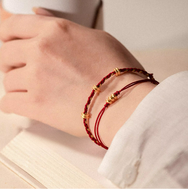 24k Pure 999 Gold Lucky Beads with Braided Rope Bracelet