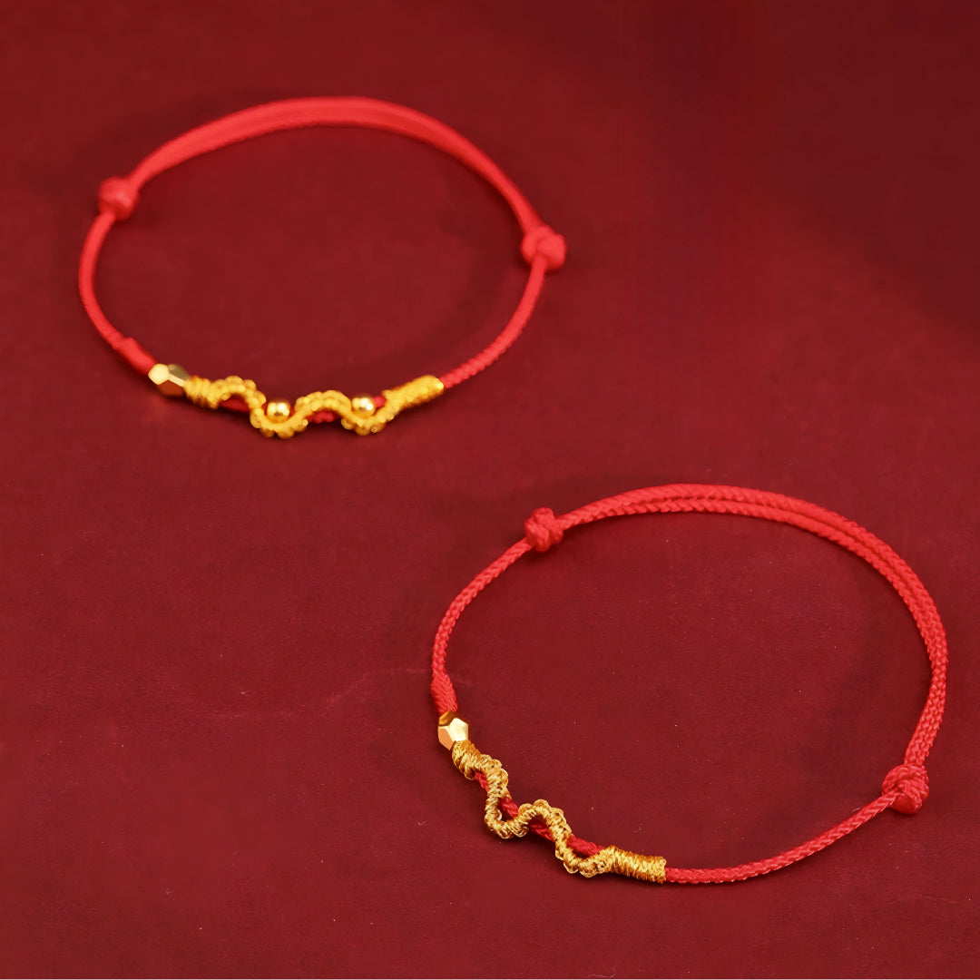 24k Solid 999 Gold Snake with Beads Pendant for Good Luck with Red String Braided Rope Bracelet and Anklet