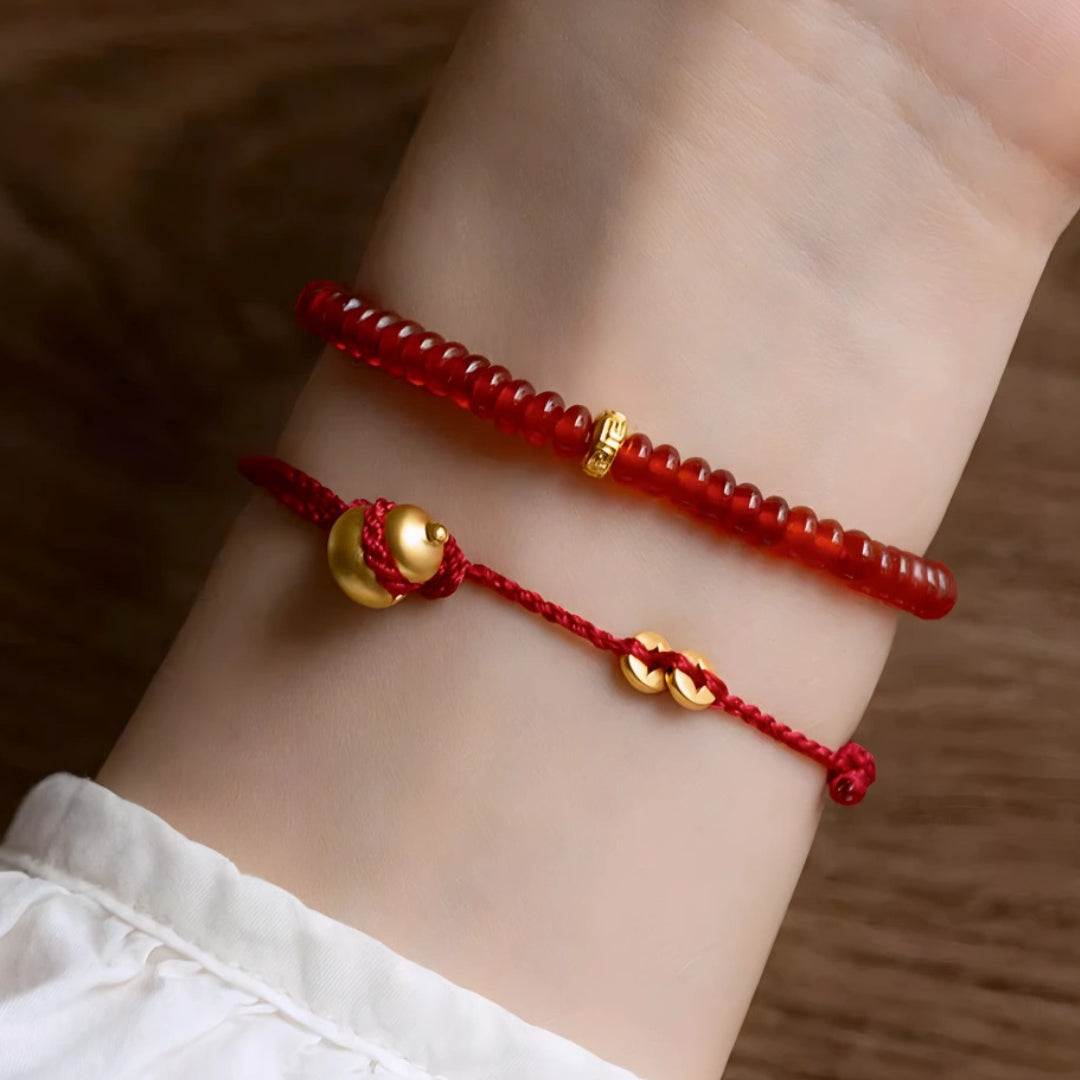 24k Pure 999 Gold Lucky Gourd and Beads with Red Rope Bracelet