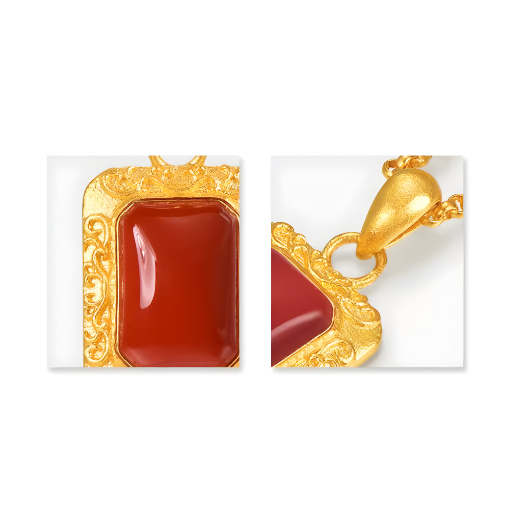 24K Bring Luck Red Agate Rectangle Pendant