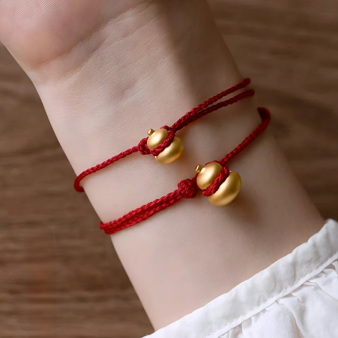 24k Pure 999 Gold Lucky Gourd and Beads with Red Rope Bracelet