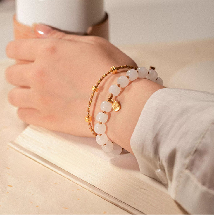 24k Pure 999 Gold Lucky Beads with Braided Rope Bracelet