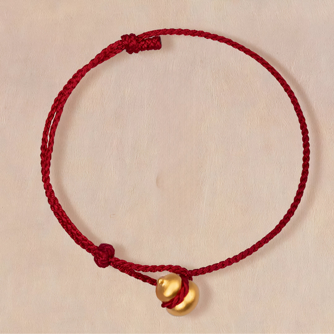 24k Pure 999 Gold Lucky Gourd and Beads with Red Rope Bracelet