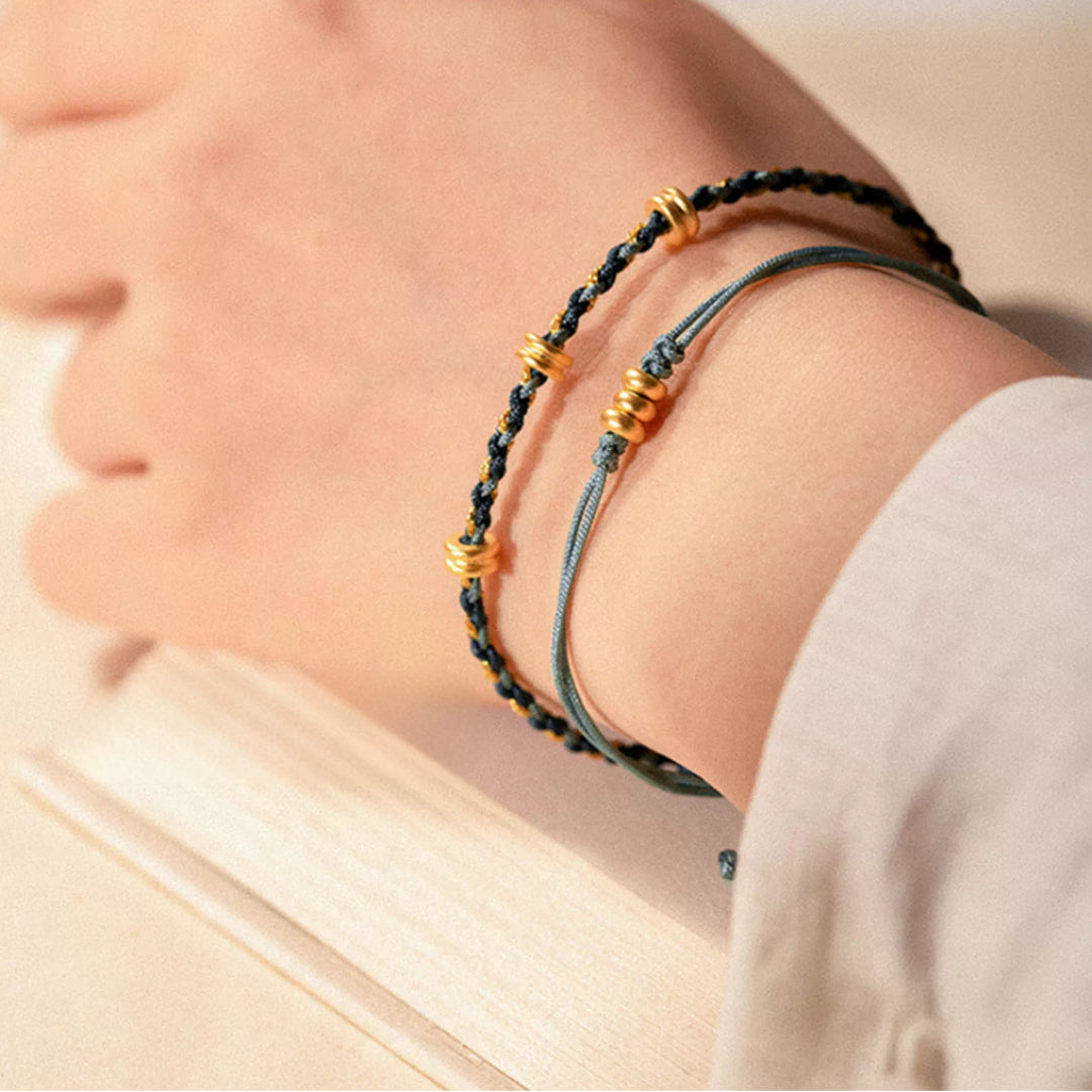 24k Pure 999 Gold Lucky Beads with Braided Rope Bracelet