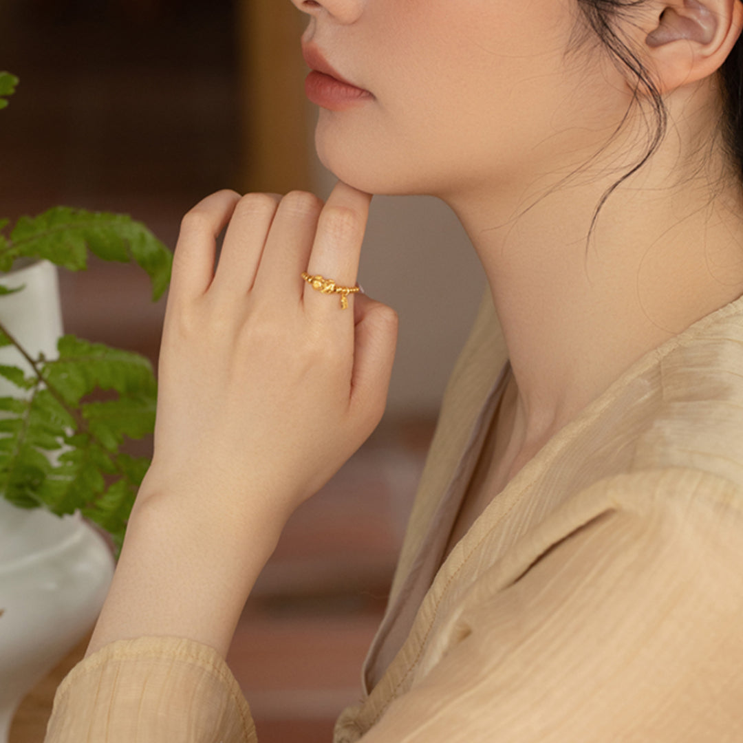 24K Real Gold Pixiu Creature Bring Wealth and Luck Beads Ring with Charms