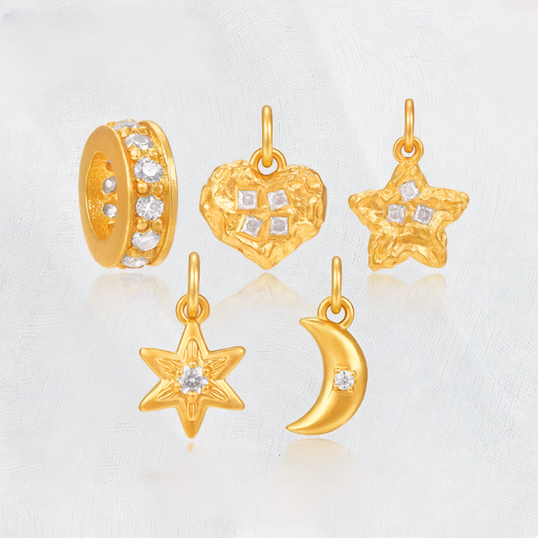 24K Pure Gold Moon Heart Star Charms Pendant - Gypsophila Co.