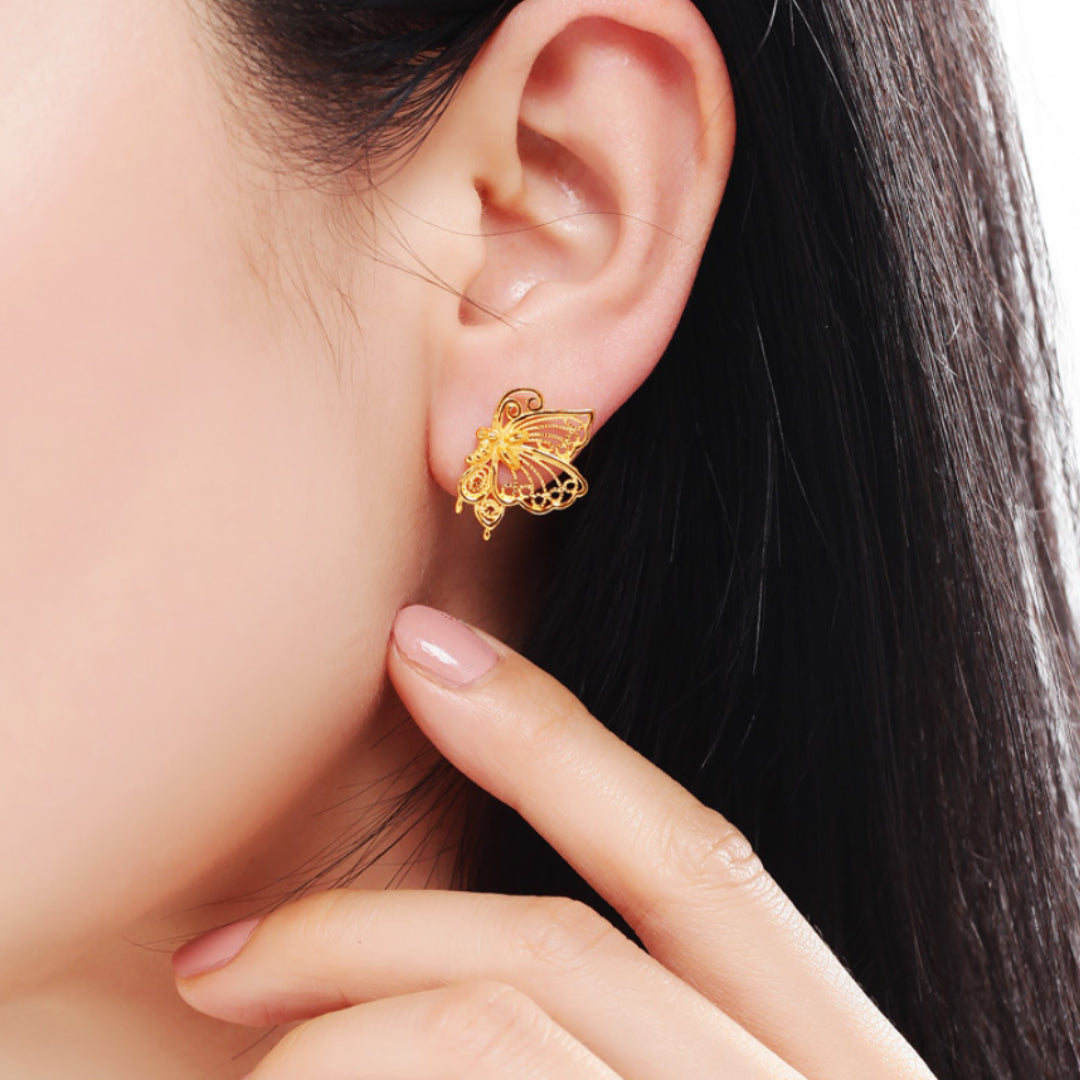24K Real 999 Gold Lace Elegant Butterfly Stud Earrings