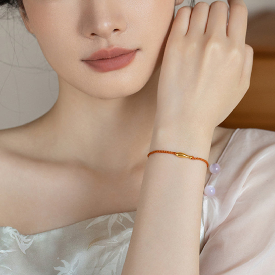 24K Real Good Lucky Fish Charm Rope Braided Bracelet