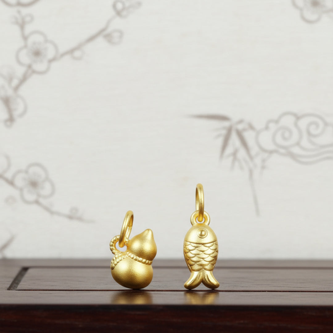 24k Solid Gold 999 Gold Gourd or Small Fish Pendant for Wealth and Fortune D.I.Y Charm