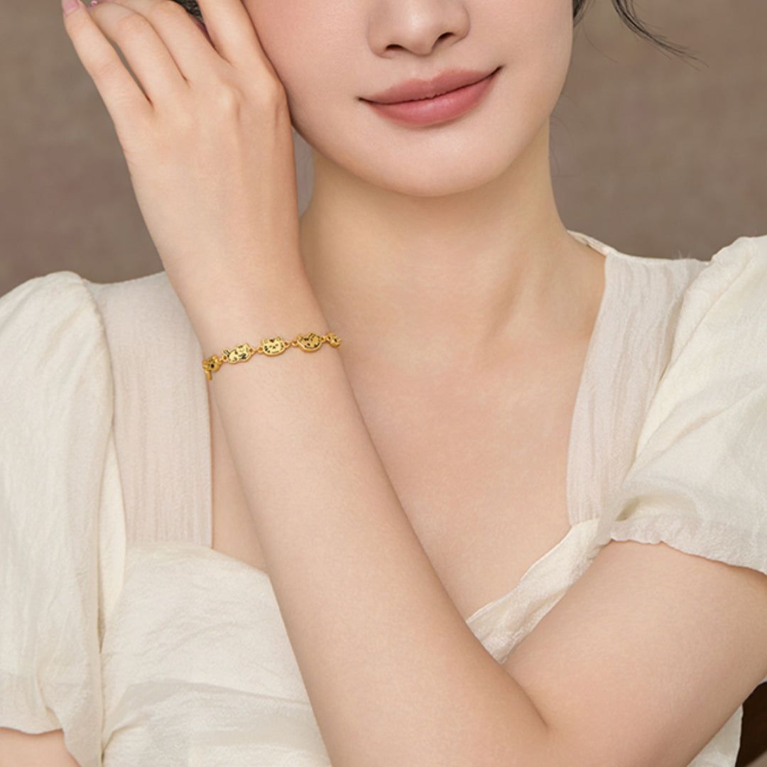 24K Pure Gold 3D Hard Gold Cute Enamel Cat Kitty Bracelet Perfect Gift