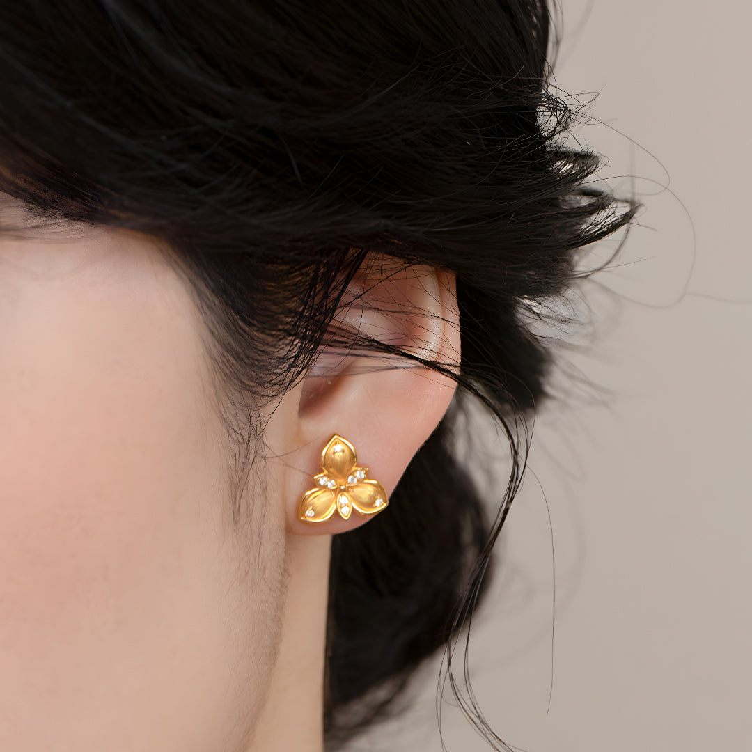 24K Real Gold Clover Flower 5D Hard Gold Brushed Surface Stud Earrings - Gypsophila Co.