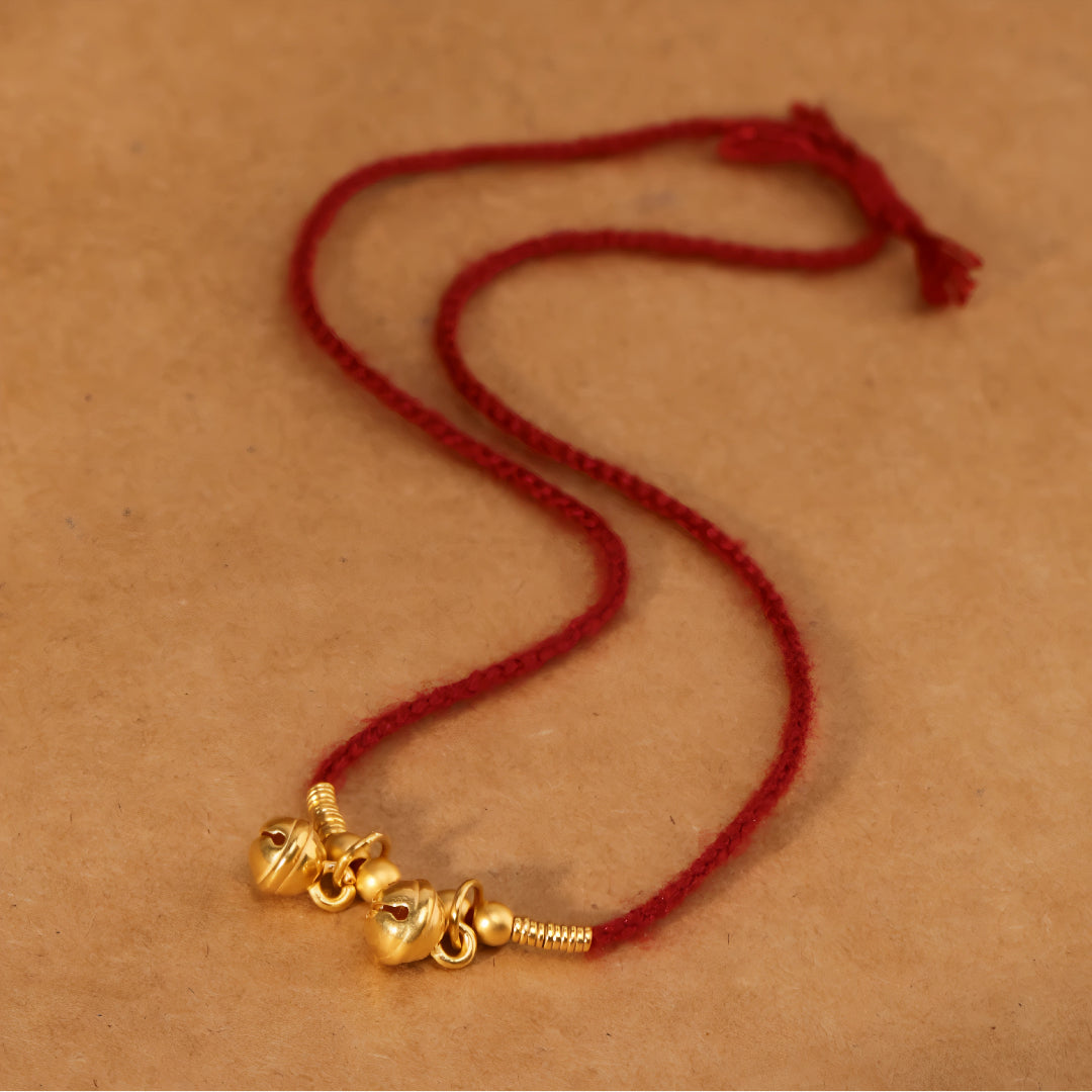 24k Solid 999 Gold Bell Charm Pendant with Red String Braided Rope Bracelet and Anklet Good Fortune