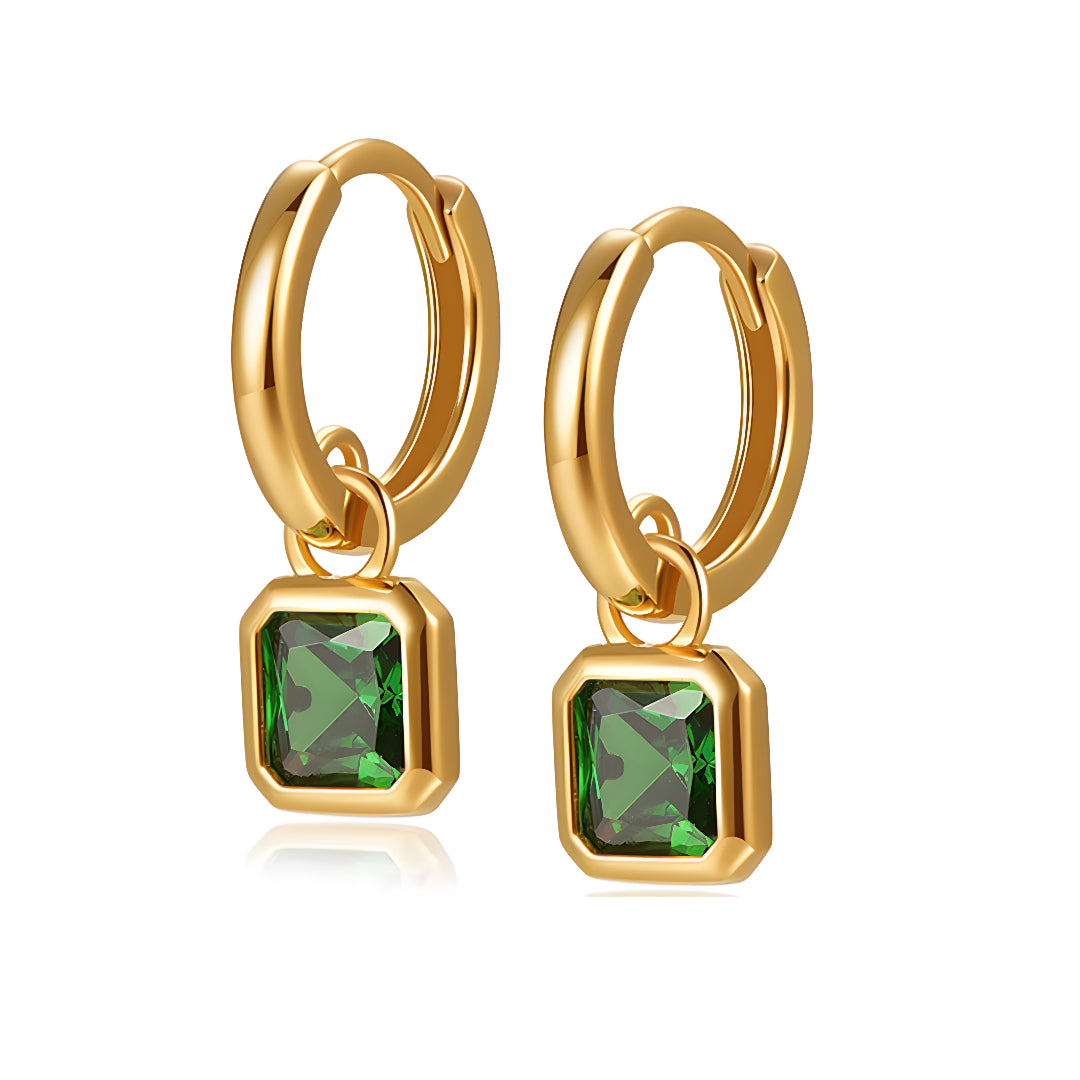 18k Green Square Zircon Dangle with Hoop Earrings