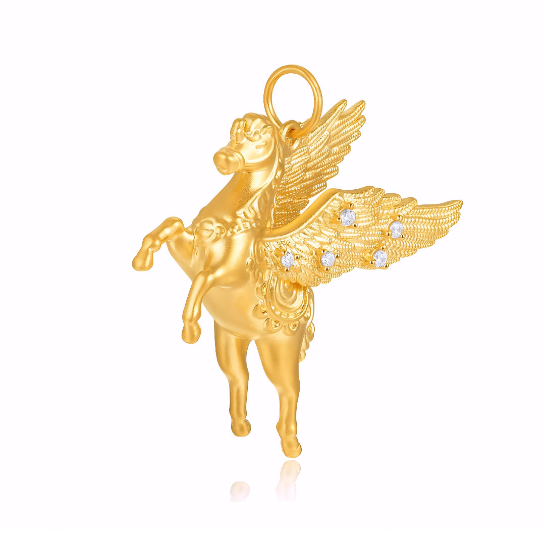 24k Real Gold Zodiac Year of Horse Unicorn with Zircon Wings Flying Horse Pendant