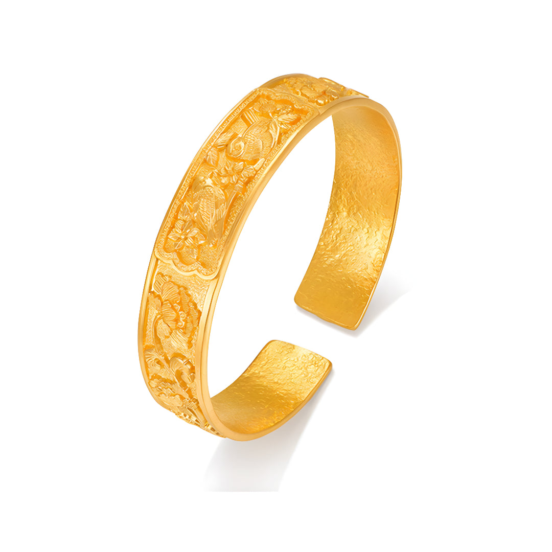 24K Pure Gold Engraving Bird and Cherry Blossom Flower Bangle Bracelet - Gypsophila Co.