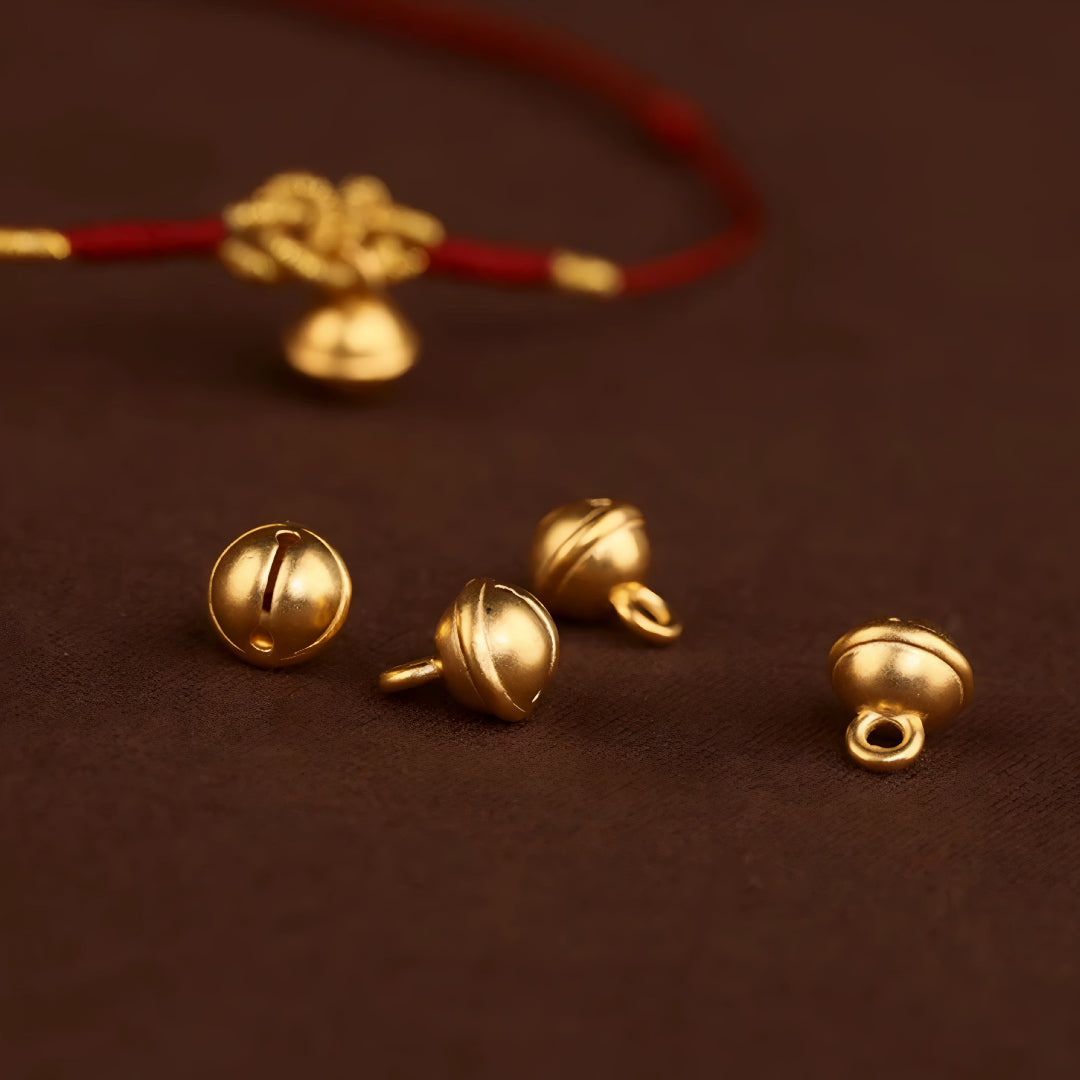 24k Solid 999 Gold Bell Charm Fine Woven Ultra-thin 3D Hard Gold Red Rope Braided Bracelet and Anklet