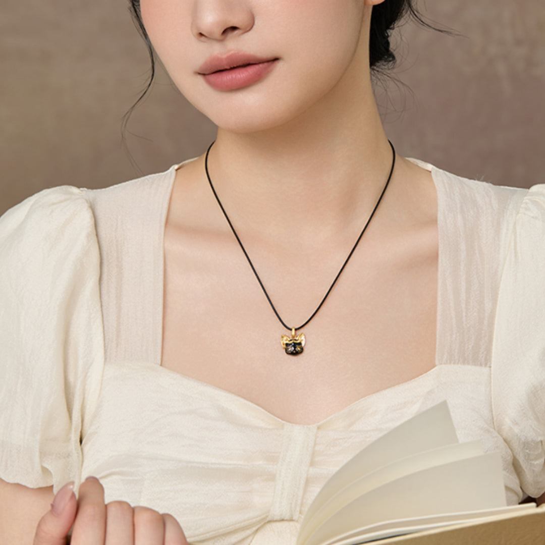 24K Real Gold Ancient Enamel Egypt Cat Pendant with Rope Necklace - Gypsophila Co.