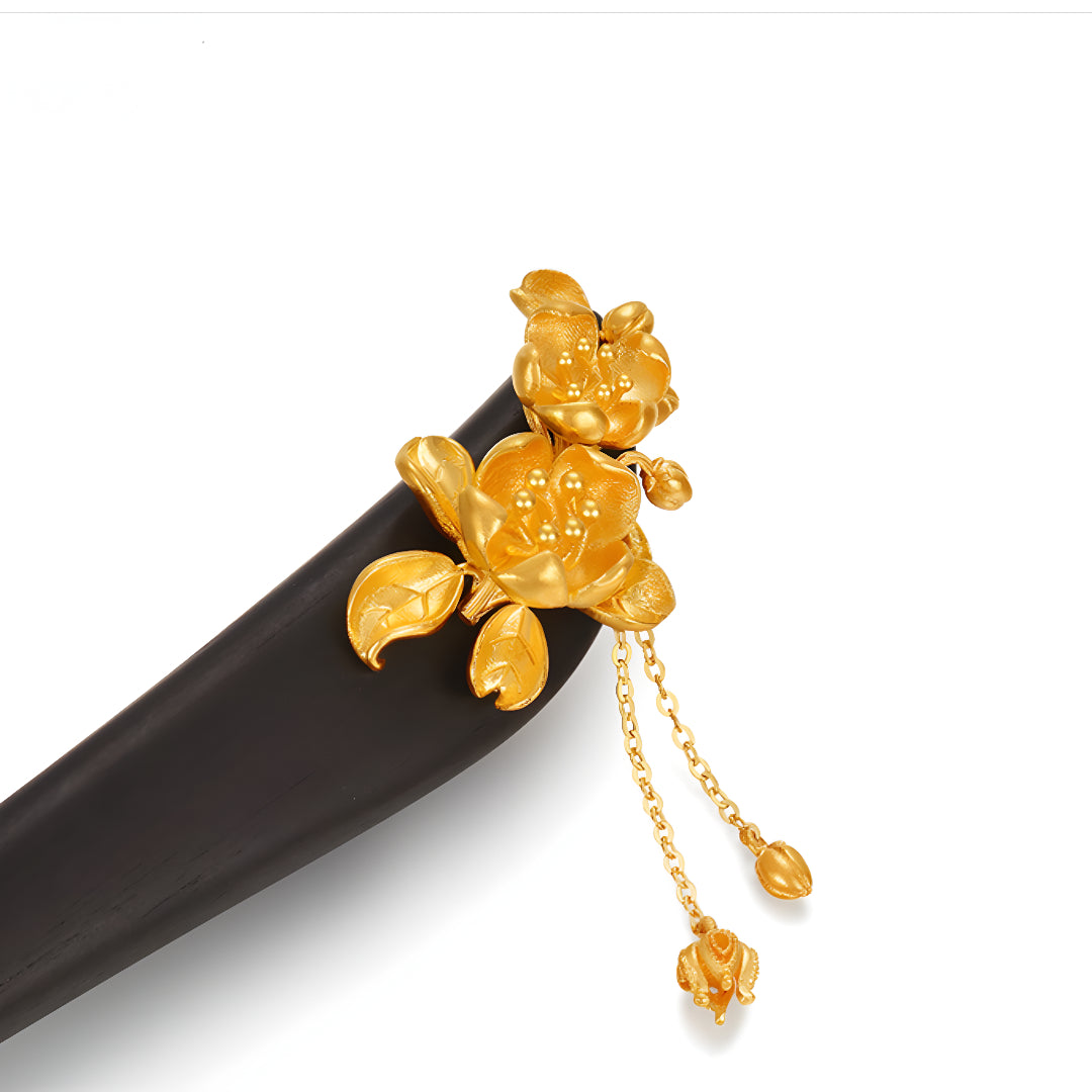 24k Gold Flower Tassel charm Ebony Hairpin Hair Bun Stick - Gypsophila Co.
