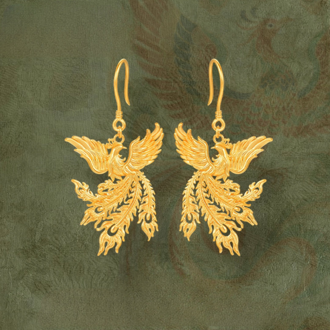 24K Pure Gold Flying Phoenix Wedding Bridal Hoop Earrings - Gypsophila Co.