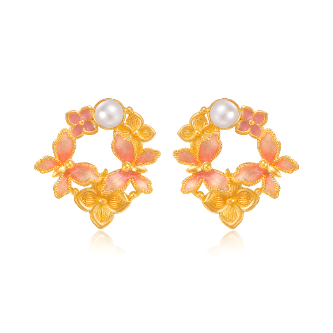 24k Real Gold Dancing Butterfly Pink Enamel Pearl Stud Earrings - Gypsophila Co.