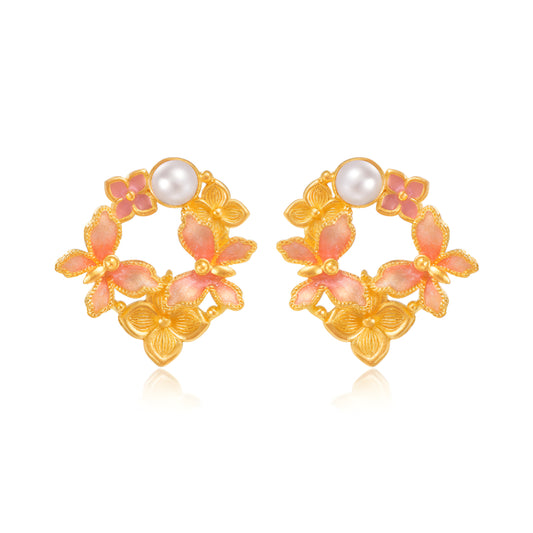 24k Real Gold Dancing Butterfly Pink Enamel Pearl Stud Earrings - Gypsophila Co.